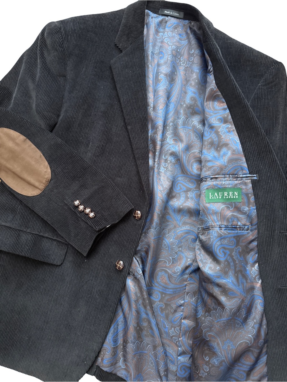 Lauren Ralph Lauren Men’s Black Corduroy Blazer Size XL Elbow Pads RL Buttons